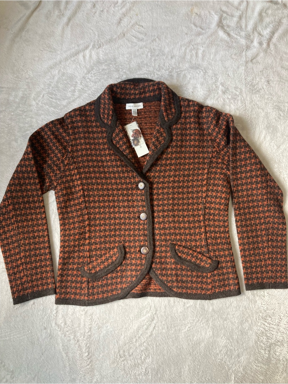 David brooks 100% lamb wool knit blazer women L orange brown houndstooth NWT
